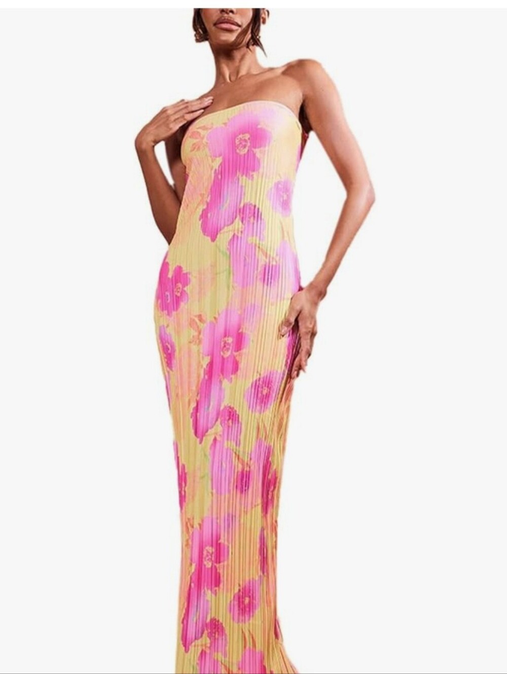Strapless Pink Floral Pleated Maxi Dress - Picture 2 of 5
